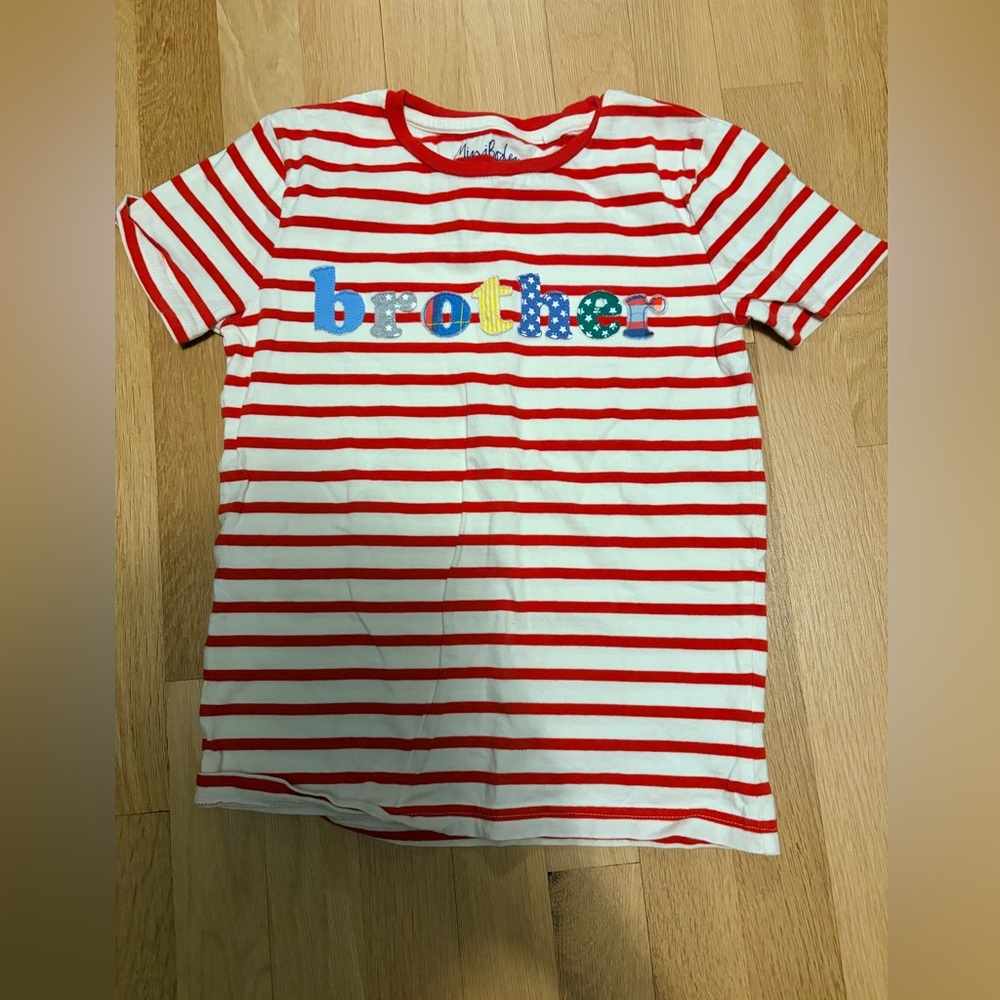 Mini Boden Brother Stripe Tee Size 8/9 Red White Appliqué Shirt